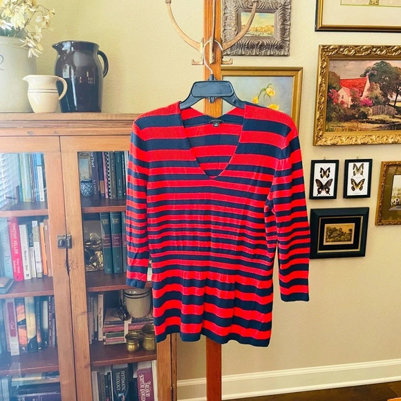 Ann Taylor women’s sweater, v-neck, 3/4 sleeve, elastic waist SZ XL navy red - Picture 2 of 6